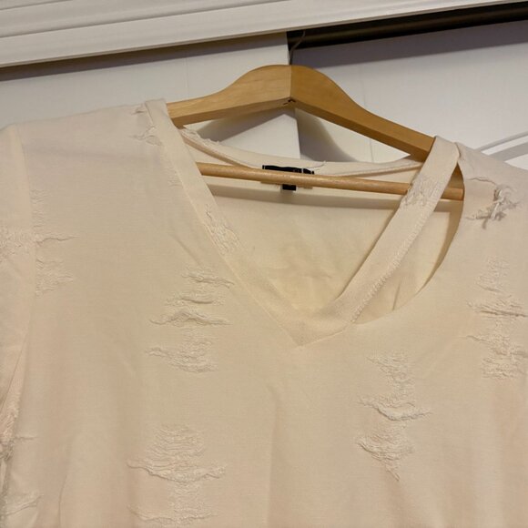 OnTwelfth Distressed Tee Small Short Sleeve Cream Off White Cotton Blend V Neck - Picture 2 of 3